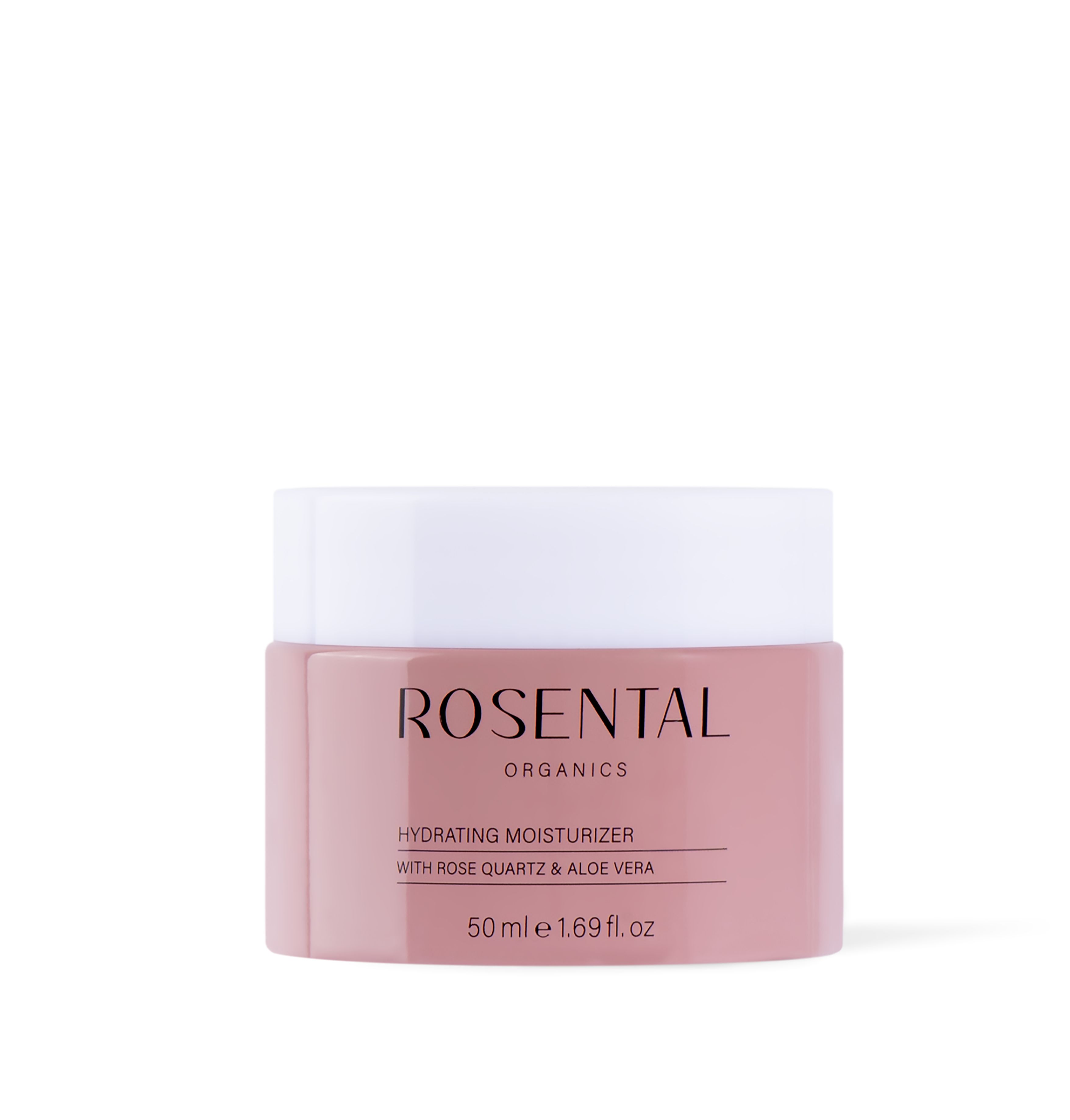 Weißes Glas mit rosa Creme. Aufschrift: Rosental Organics. Text: Hydrating Moisturizer.