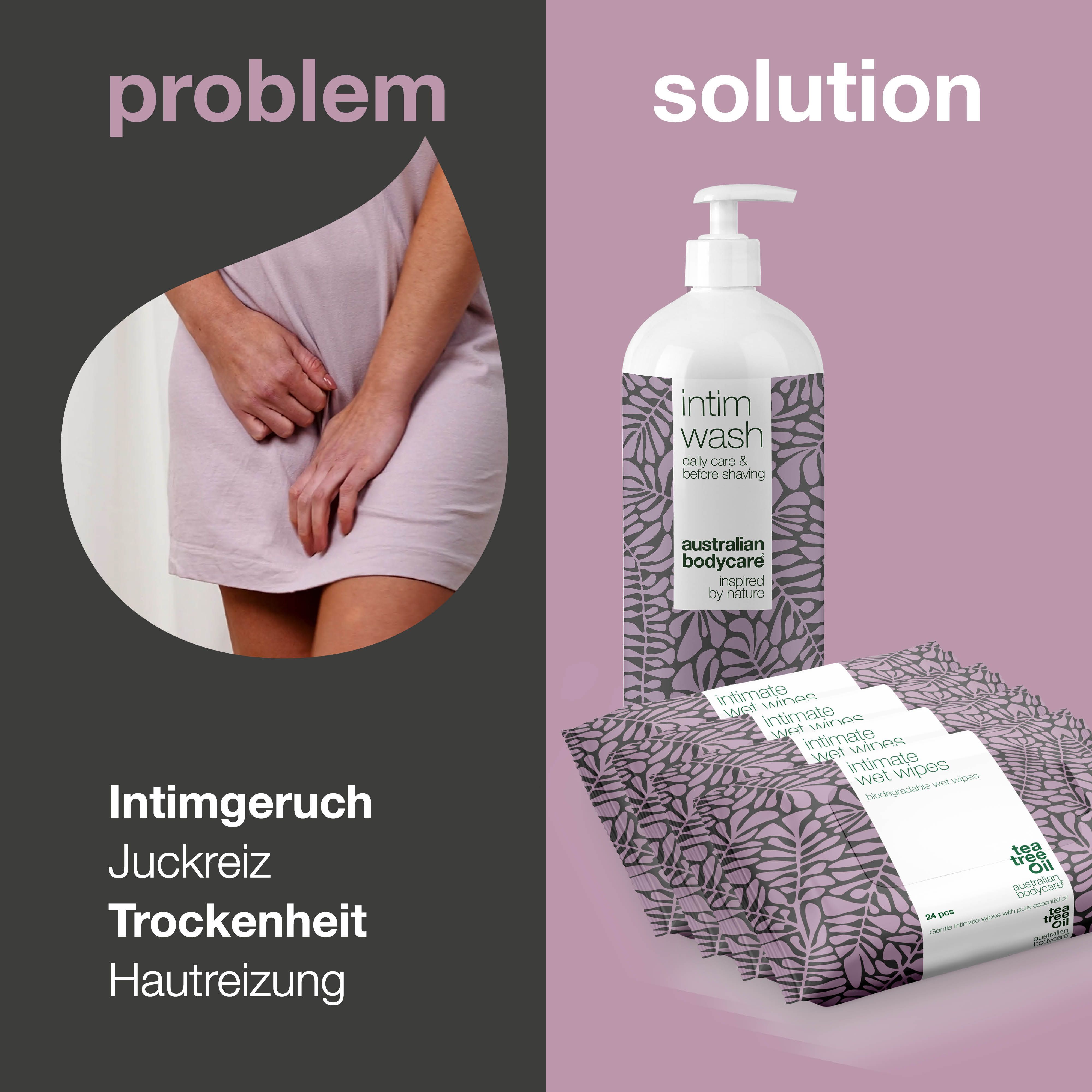 Problem und Lösung. Intimwaschmittel und Feuchttücher. Lila Hintergrund. Australian Bodycare.