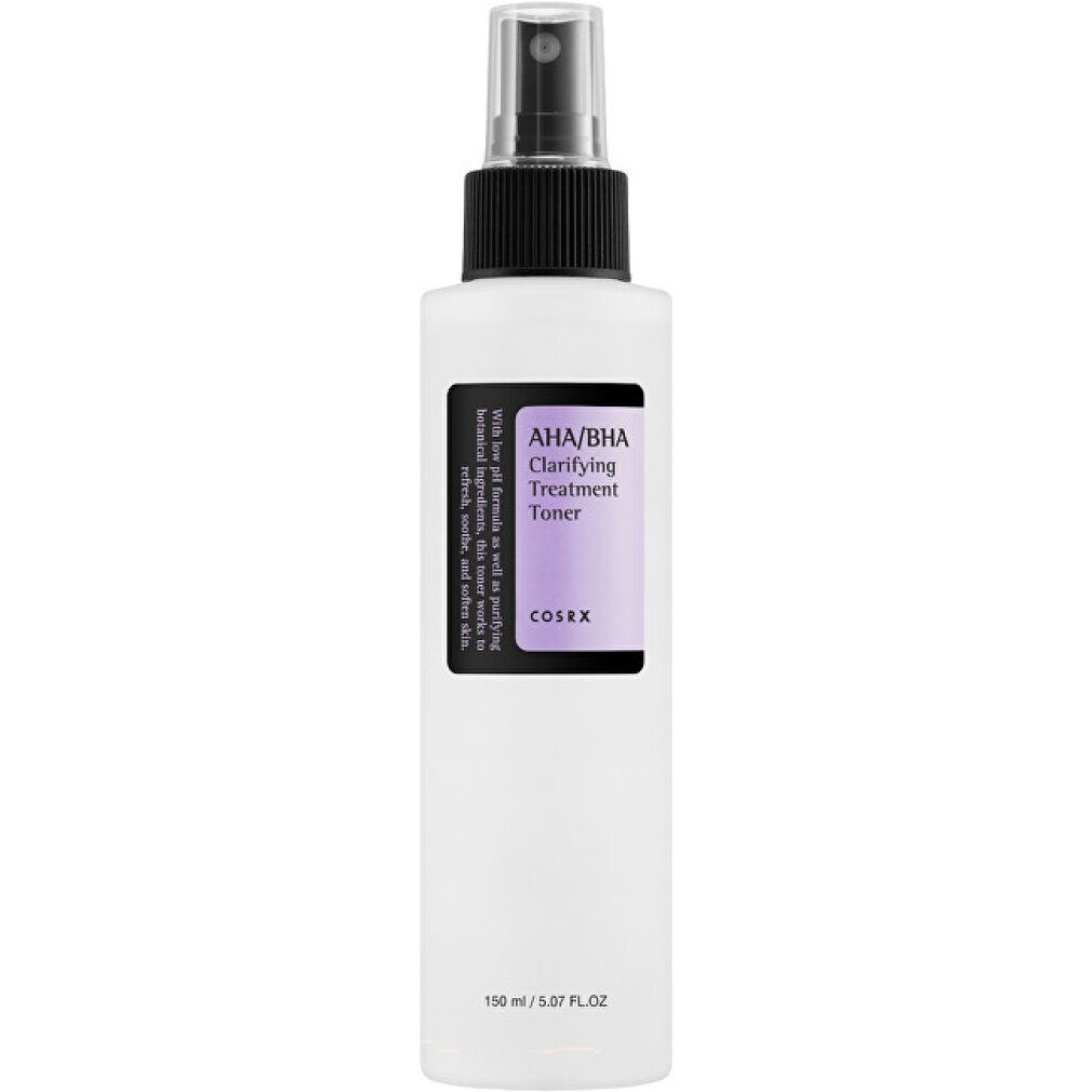Weiße Flasche mit schwarzem Sprühkopf. Etikett mit Text: AHA/BHA Clarifying Treatment Toner. Marke: Cosrx.
