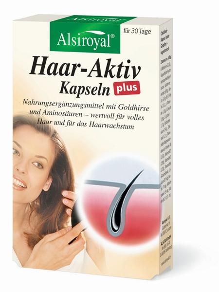 Verpackung mit Produktnamen Haar-Aktiv Kapseln plus. Aufschrift: Nahrungsergänzungsmittel. Abbildung einer Frau und eines Haares.