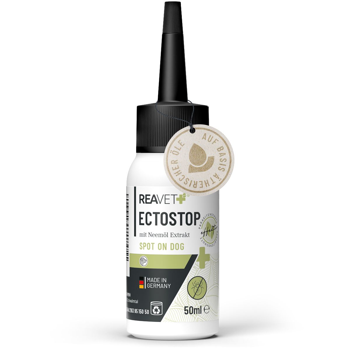 Weiße Flasche mit schwarzem Verschluss und Etikett. Produktname und Marke ReaVET sichtbar. Anhänger mit Text. Made in Germany.