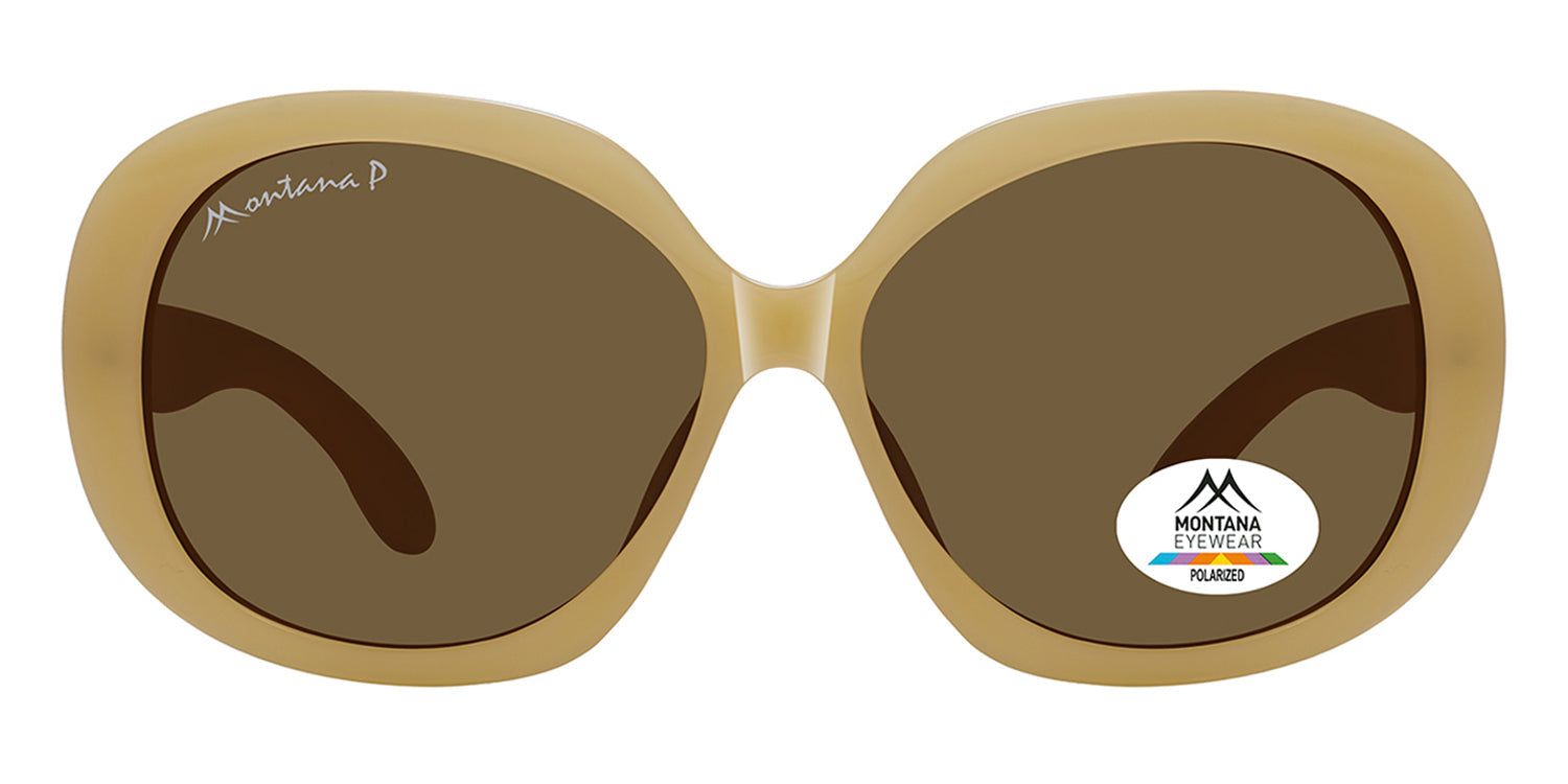 Sonnenbrille mit braunen Gläsern und beigem Rahmen. Auf dem Glas befindet sich ein Aufkleber mit dem Logo von Montana Eyewear. Der Rahmen trägt den Schriftzug Montana P.