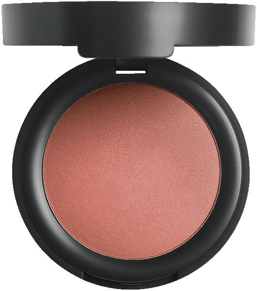 Runder, rosafarbener Blush in schwarzer Dose mit Deckel. Der Deckel ist geöffnet.