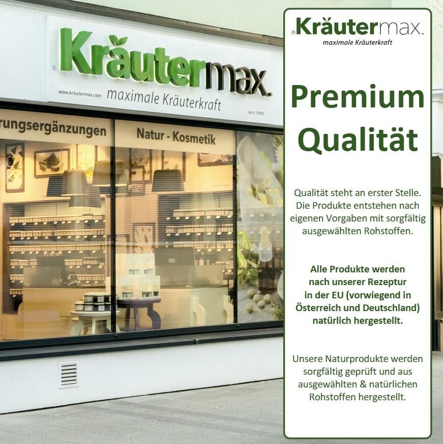 Werbeschild mit Kräutermax Logo und Text: Premium Qualität. Text über Qualität und Herstellung in der EU. Apotheken-Hintergrund.