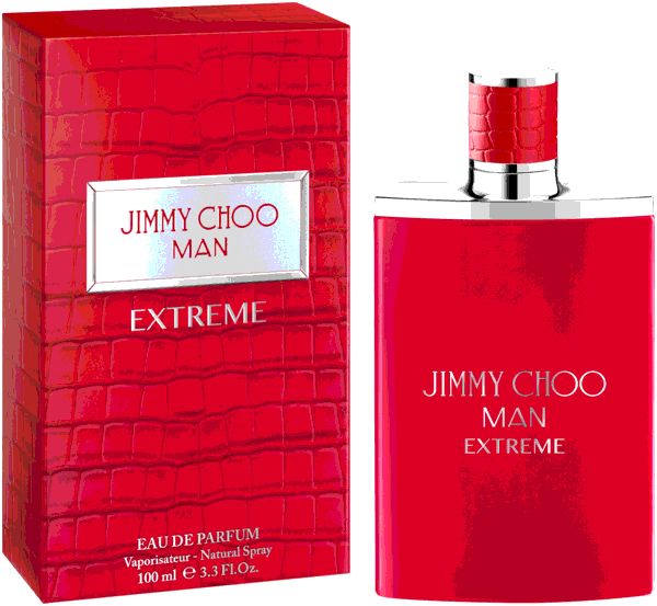 Rotes Parfümflakon und Verpackung. Aufschrift: JIMMY CHOO MAN EXTREME. Verpackung mit Krokodilmuster.