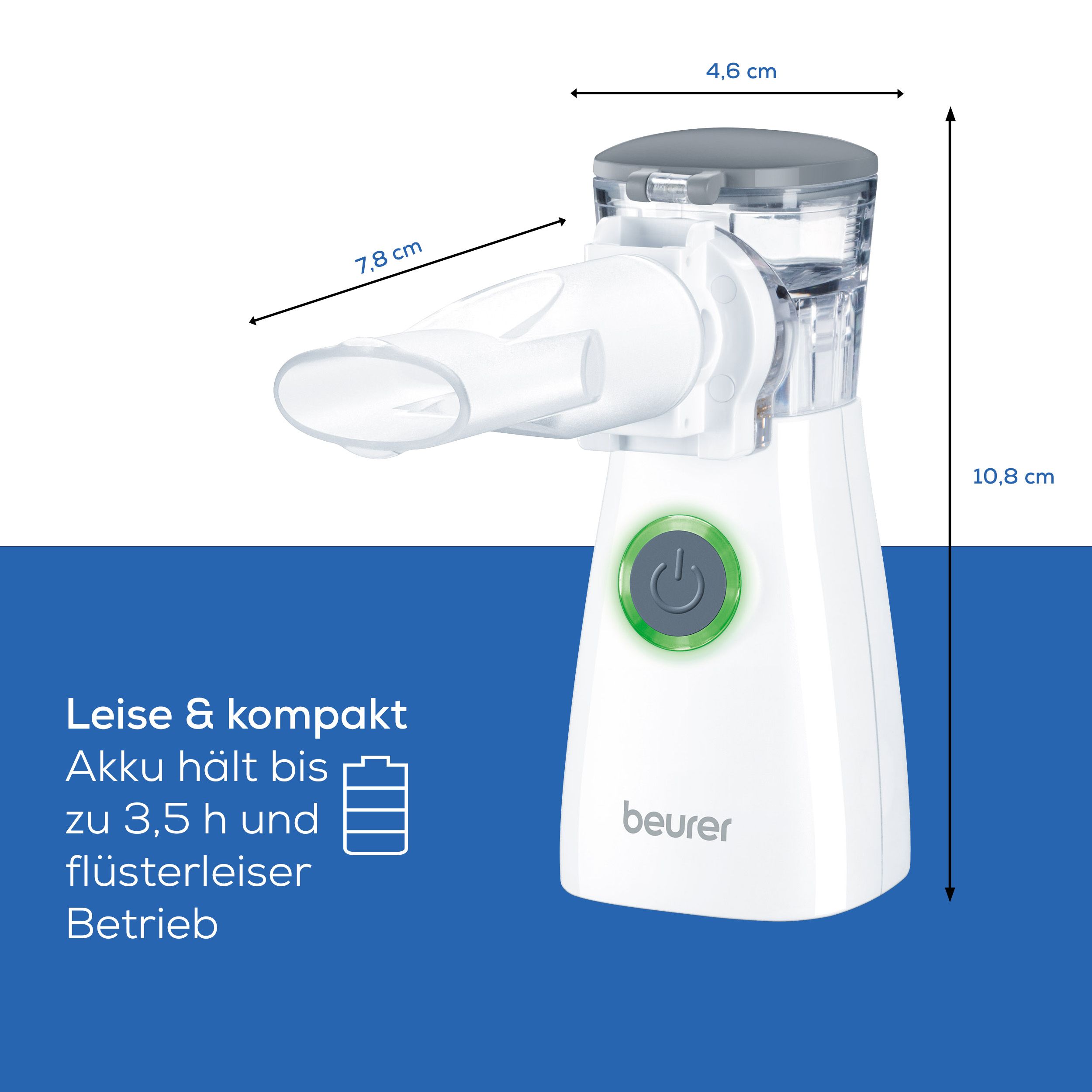 Beurer IH 57 Inhalator. Weißes Gerät mit Mundstück, grüner Ein-/Aus-Taste und Text.