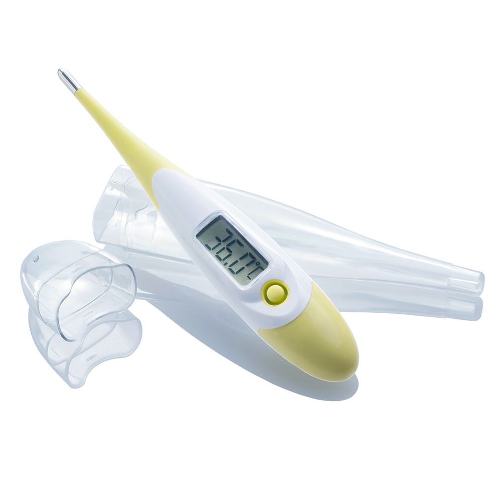 Digitales Fieberthermometer, weiß-gelb. Zeigt 36.0°C an. Mit Schutzhülle.