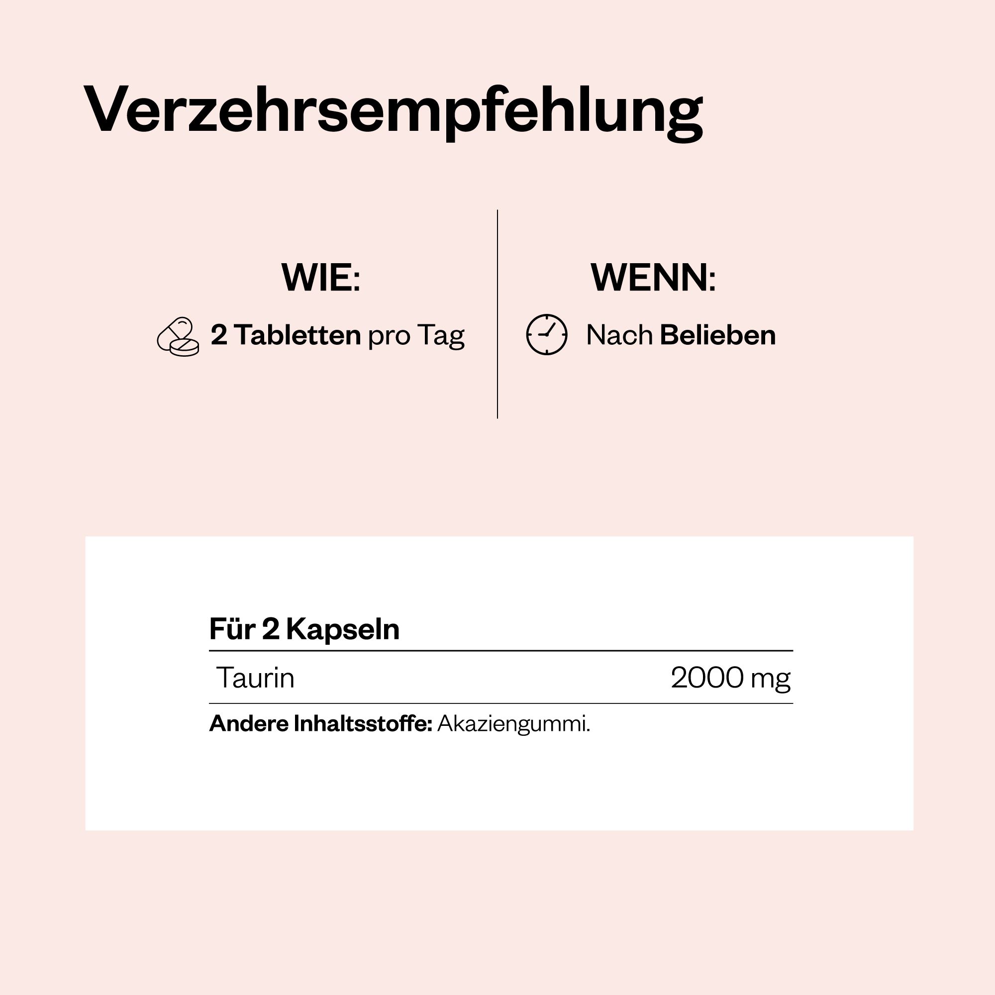 Informationen zur Einnahme von Taurin. 2 Tabletten pro Tag. Enthält 2000 mg Taurin und Akaziengummi als sonstige Inhaltsstoffe.