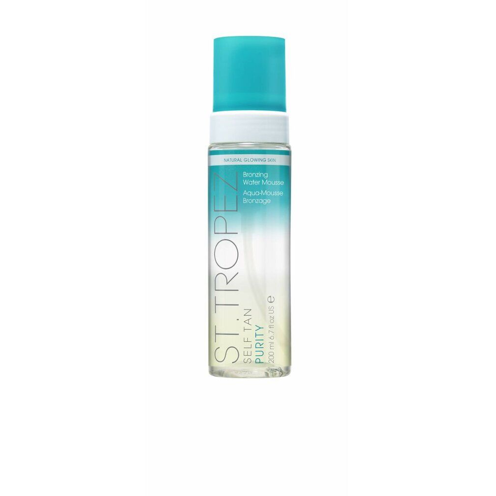 St. Tropez Bronzing Water Mousse Flasche. Türkis-weißer Deckel, transparente Flasche. Text: SELF TAN PURITY, Aqua-Mousse bronzage.