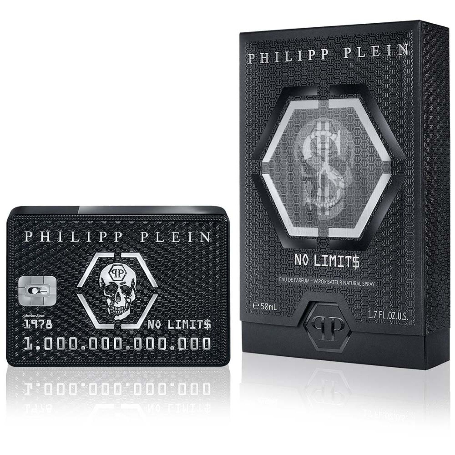 Schwarzer Flakon und Verpackung. Aufschrift: PHILIPP PLEIN, NO LIMITS. Hexagon mit Totenkopf. 1.7 FL.OZ. U.S.