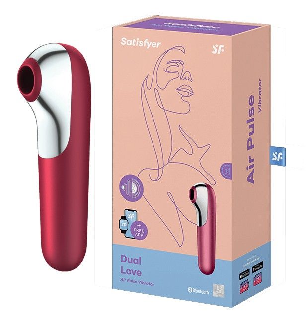 Roter Satisfyer Dual Love neben Verpackung. Verpackung mit Produktabbildung, Schriftzug 'Dual Love' und App-Symbolen.