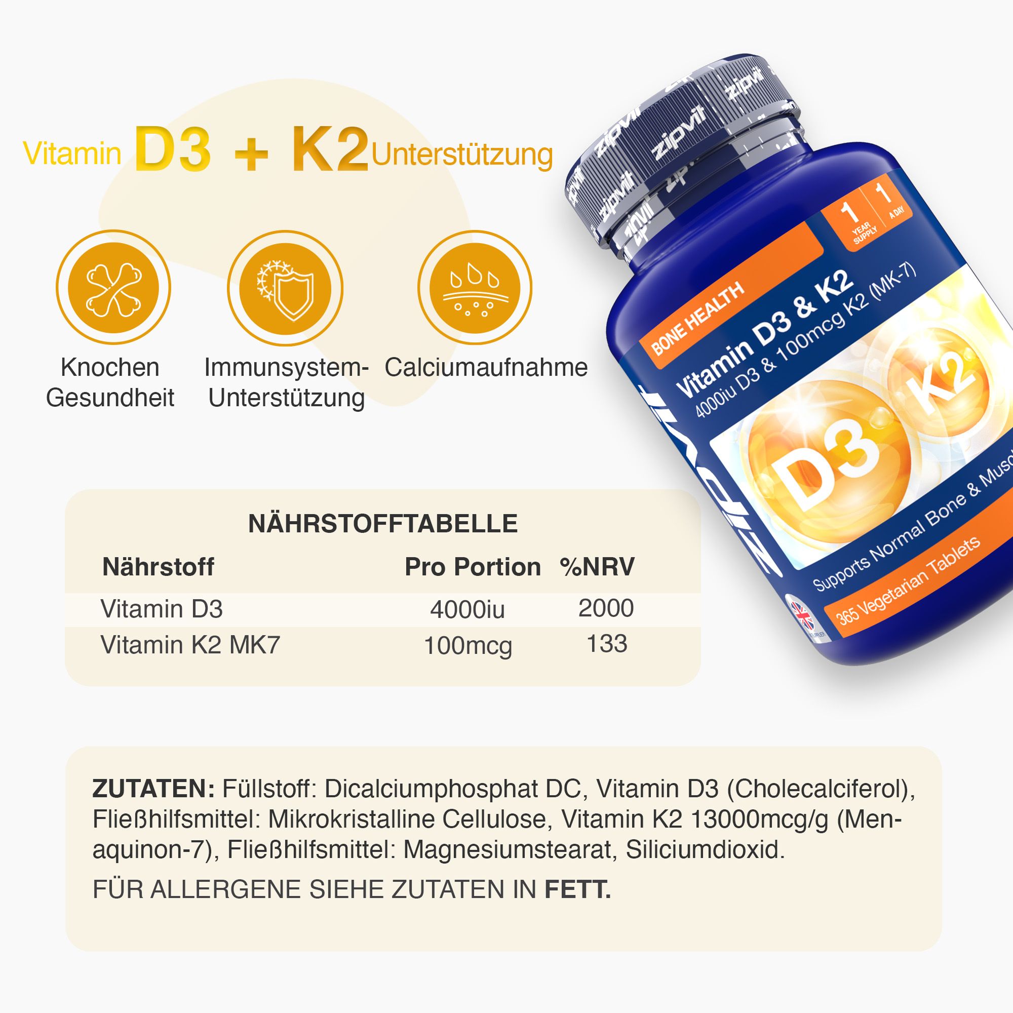 Blaue Flasche Zipvit Vitamin D3 & K2. Nährstofftabelle: Vitamin D3 4000iu, Vitamin K2 MK7 100mcg. Zutatenliste. Knochengesundheit, Immunsystem.
