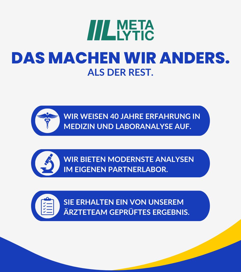 Infografik mit Text: Das machen wir anders. 3 Vorteile: 40 Jahre Erfahrung, moderne Analysen, geprüfte Ergebnisse.