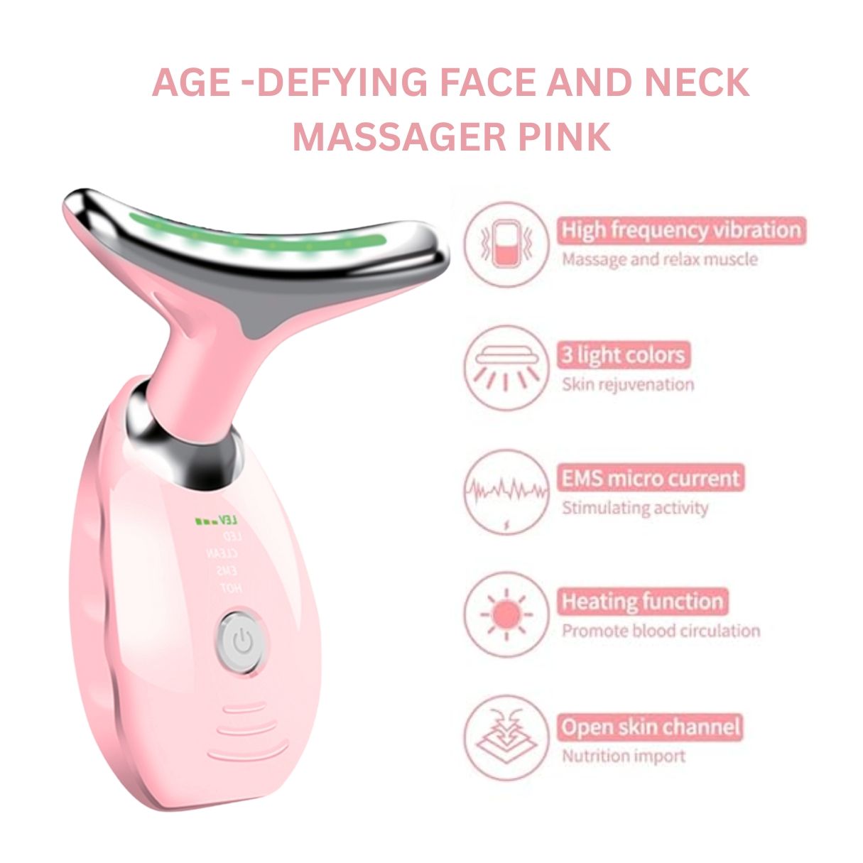 Pinkes Massagegerät für Gesicht und Nacken mit silbernen Akzenten, roter LED-Leiste und Infografiken.