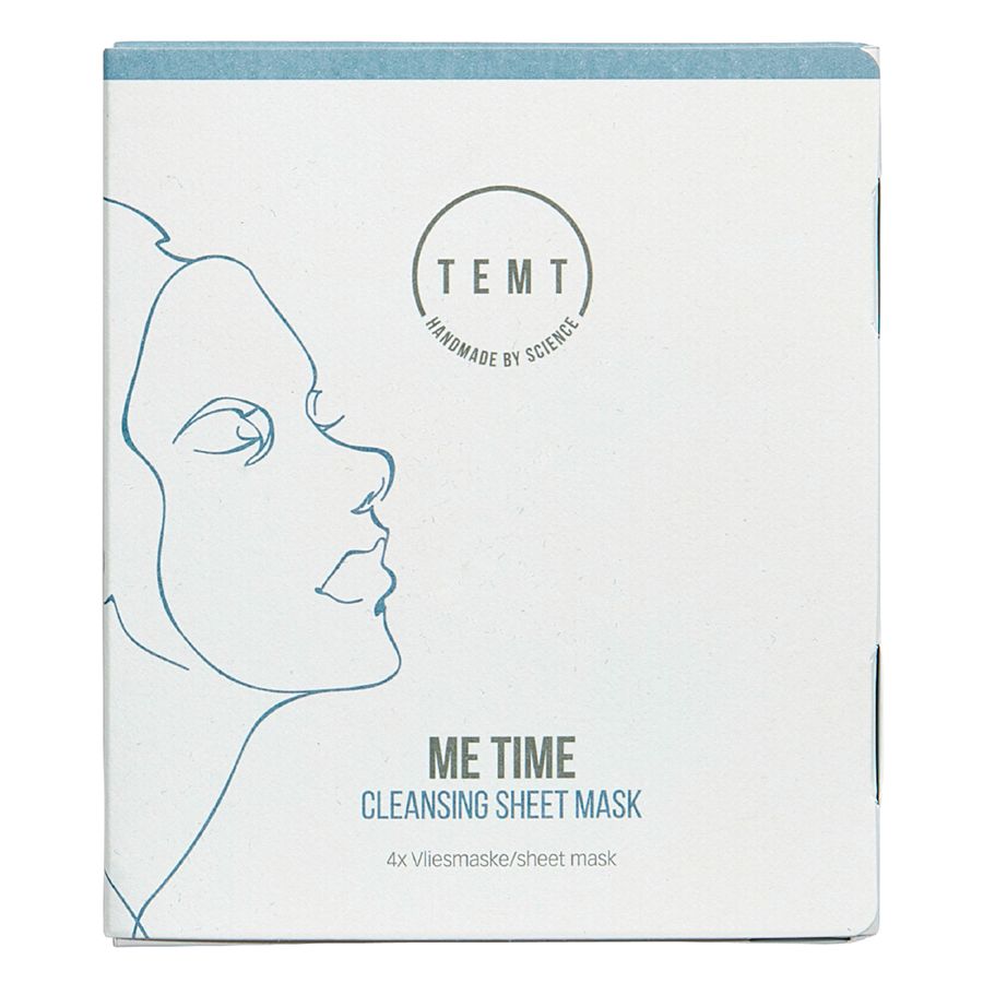 Quadratische Verpackung. Aufdruck: TEMT, ME TIME Cleansing Sheet Mask. Blau-weiße Farbgebung.