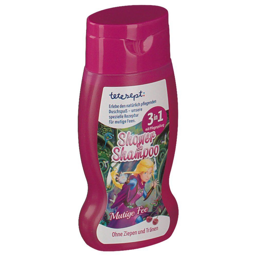 tetesept® Shower & Shampoo Mutige Fee. Rosa Flasche mit Klappverschluss. Etikett mit Produktname, Illustration und 3in1-Hinweis.