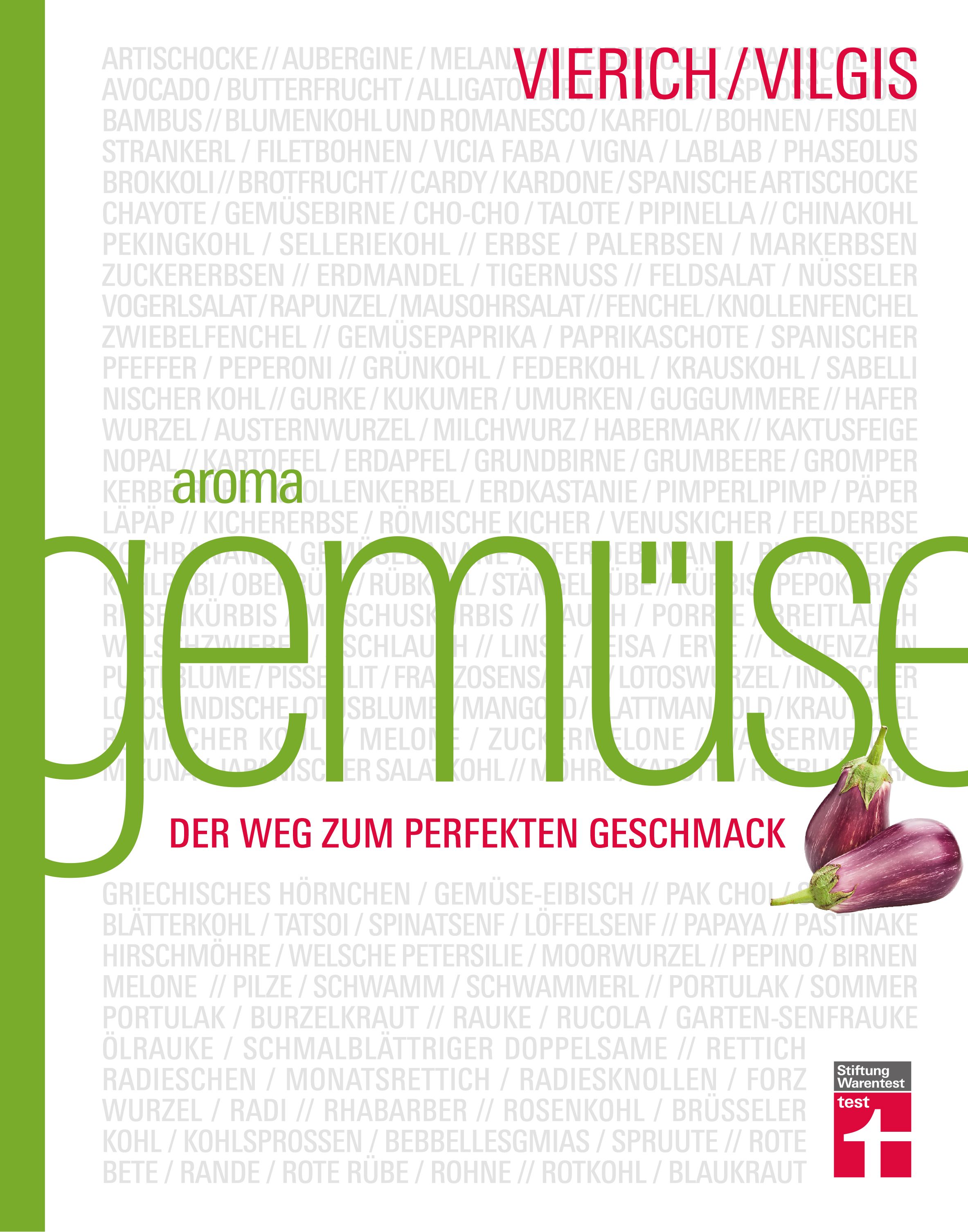 Buchcover mit dem Wort „Gemüse“ in großen Buchstaben. Darunter „Der Weg zum perfekten Geschmack“. Zwei Auberginen.