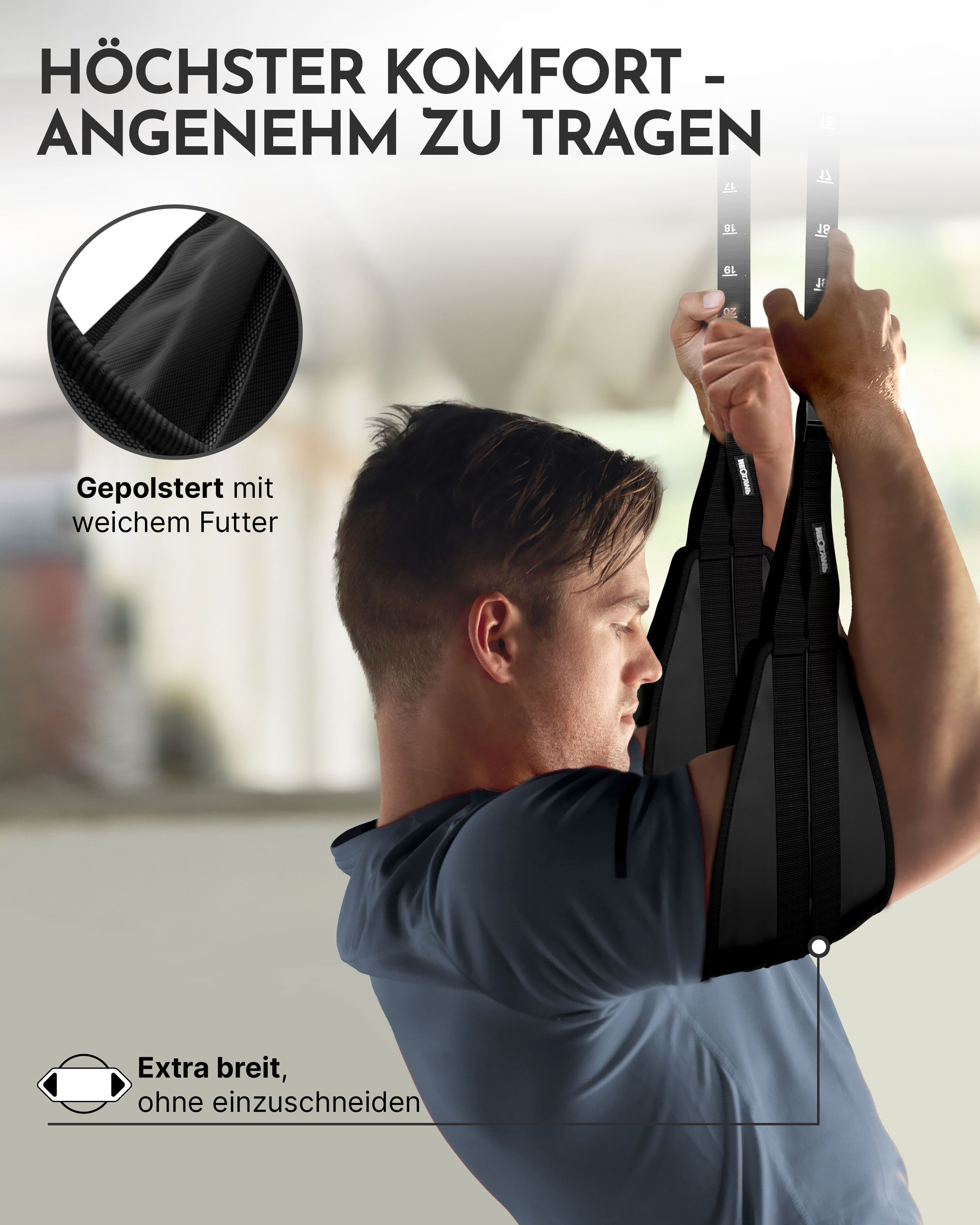 Mann benutzt NEOLYMP Bauchmuskelschlaufen. Gepolstert mit weichem Futter. Extra breit, ohne einzuschneiden.