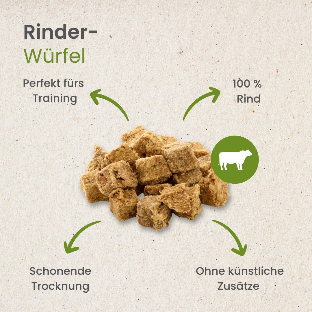 Rinderwürfel, 100% Rind, schonend getrocknet, ohne künstliche Zusätze, perfekt fürs Training.