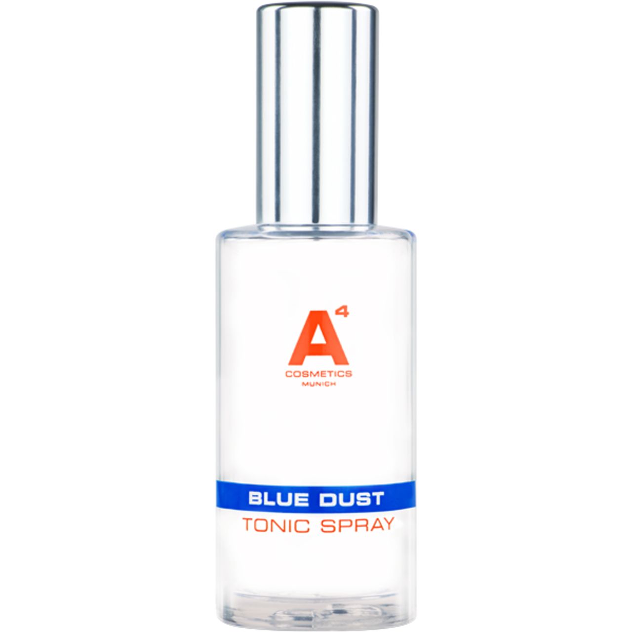 Klarer Flakon mit silbernem Deckel. Orangefarbenes Logo und Schriftzug "BLUE DUST TONIC SPRAY".