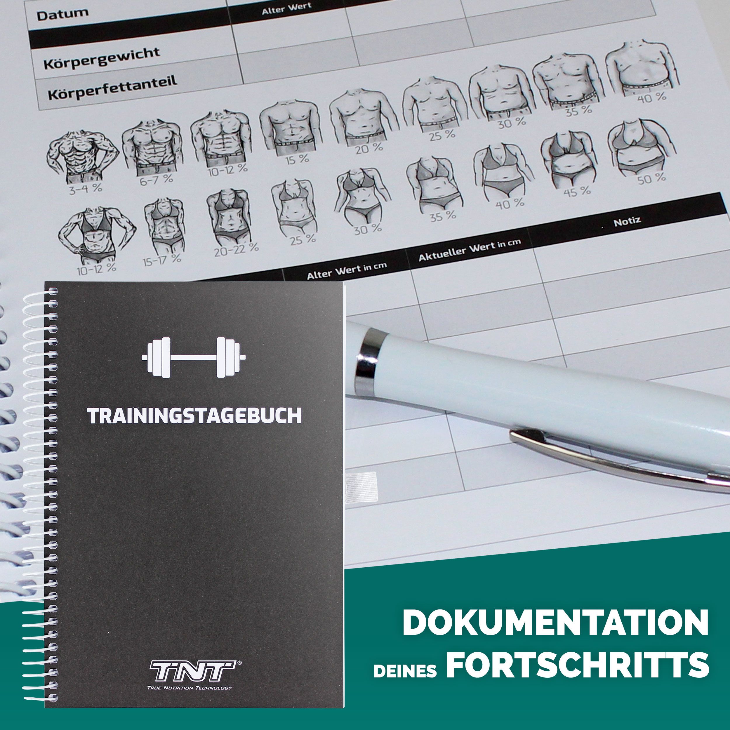 Schwarzes Trainingsbuch mit Spiralbindung. Titel: TRAININGSTAGEBUCH. Logo: Hantel. Marke: TNT. Text: DOKUMENTATION DEINES FORTSCHRITTS.