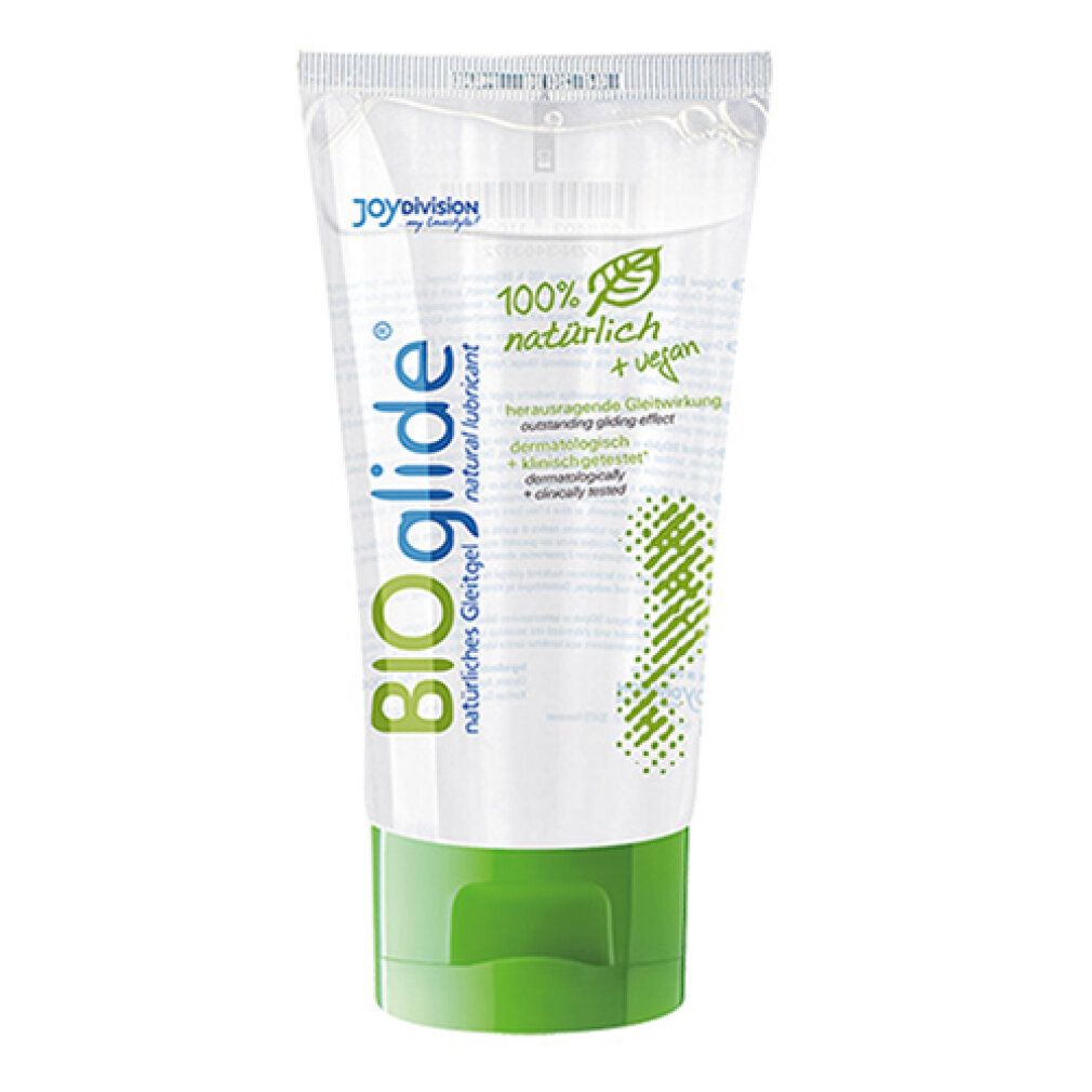 BIOglide® Gel-Tube. Weiß, grün. Aufschrift: 100% natürlich + vegan, dermatologisch getestet, klinisch getestet. Made in Germany.