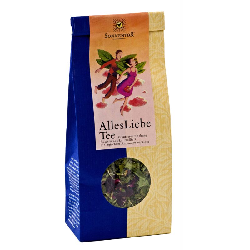 Beutel mit Kräutertee. Sichtfenster. Aufdruck: Sonnentor, Alles Liebe Tee. Abbildung: tanzendes Paar.