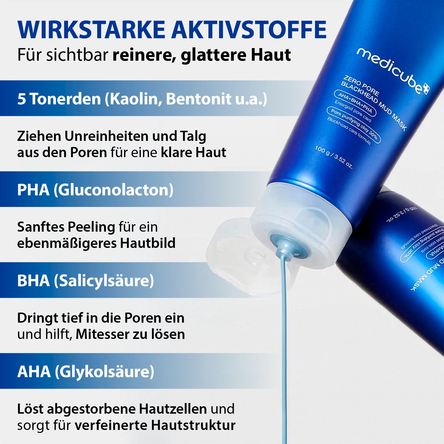Blaue Tube mit Medimask Zero Pore Blackhead Mud Mask, 100g/3.52 oz. Text listet Inhaltsstoffe und Vorteile auf.