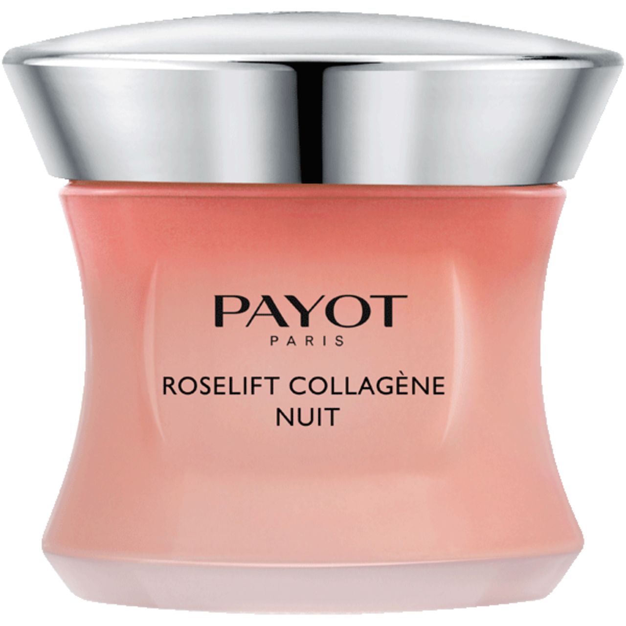 Creme-Tiegel mit silberfarbenem Deckel. Aufschrift: PAYOT PARIS, Roselift Collagène Nuit. Rosa getöntes Glas.