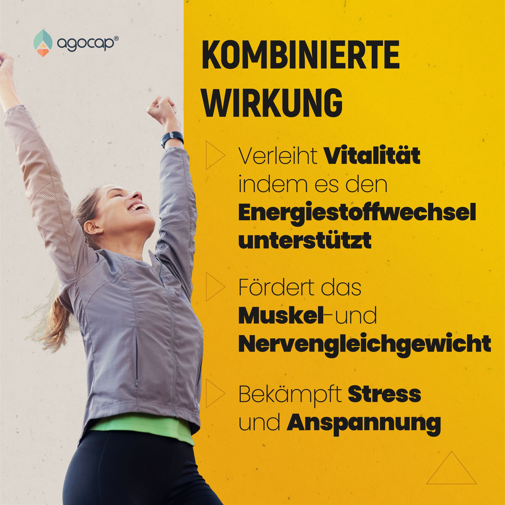 Frau mit erhobenen Armen. Gelber Hintergrund mit Text: Verleiht Vitalität, fördert Muskel- und Nervengleichgewicht.