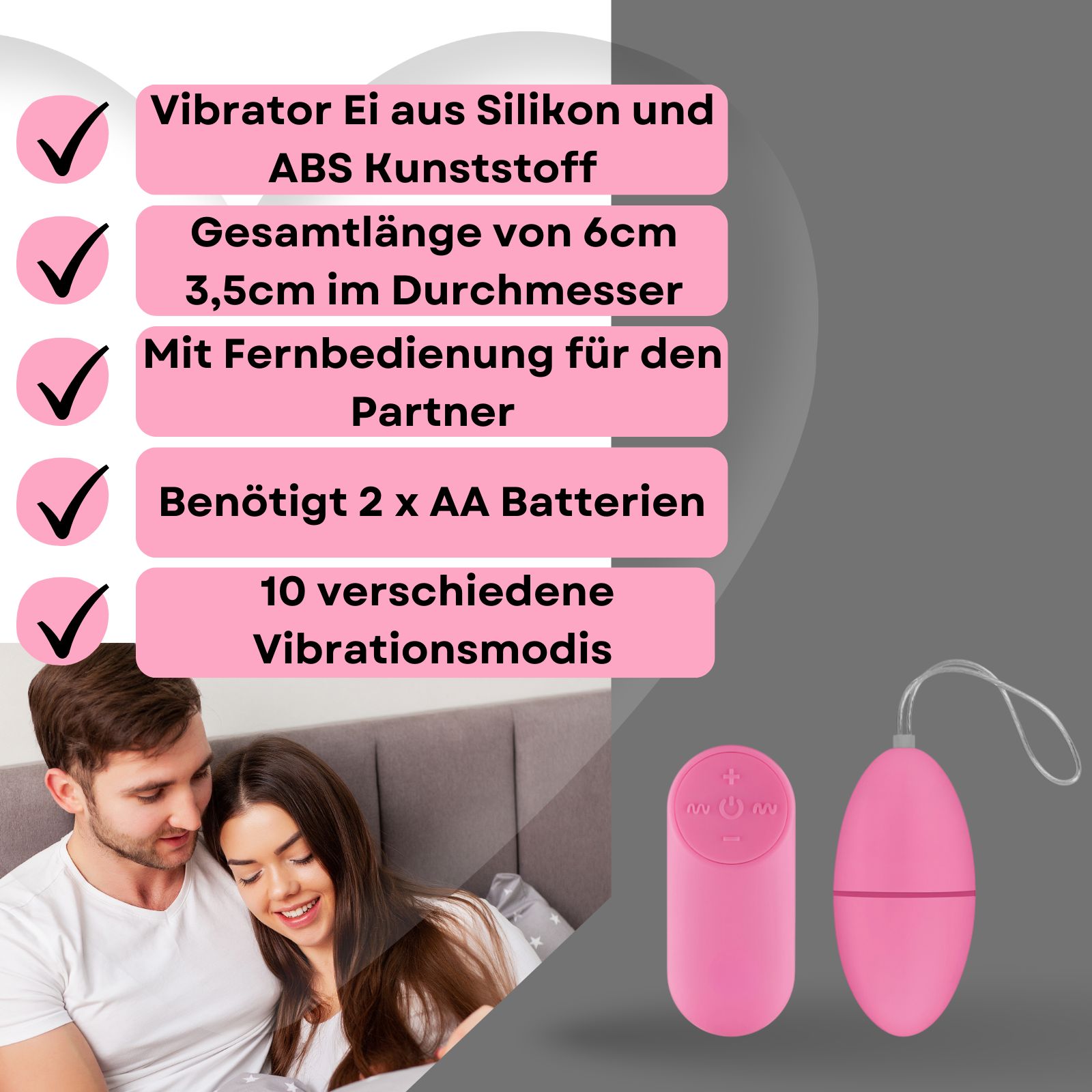 Paar im Bett. Rosa Ei-Vibrator und Fernbedienung. Text: Vibrator Ei aus Silikon und ABS, 6cm lang, 3,5cm Durchmesser, Fernbedienung, 2 AA Batterien, 10 Modi.