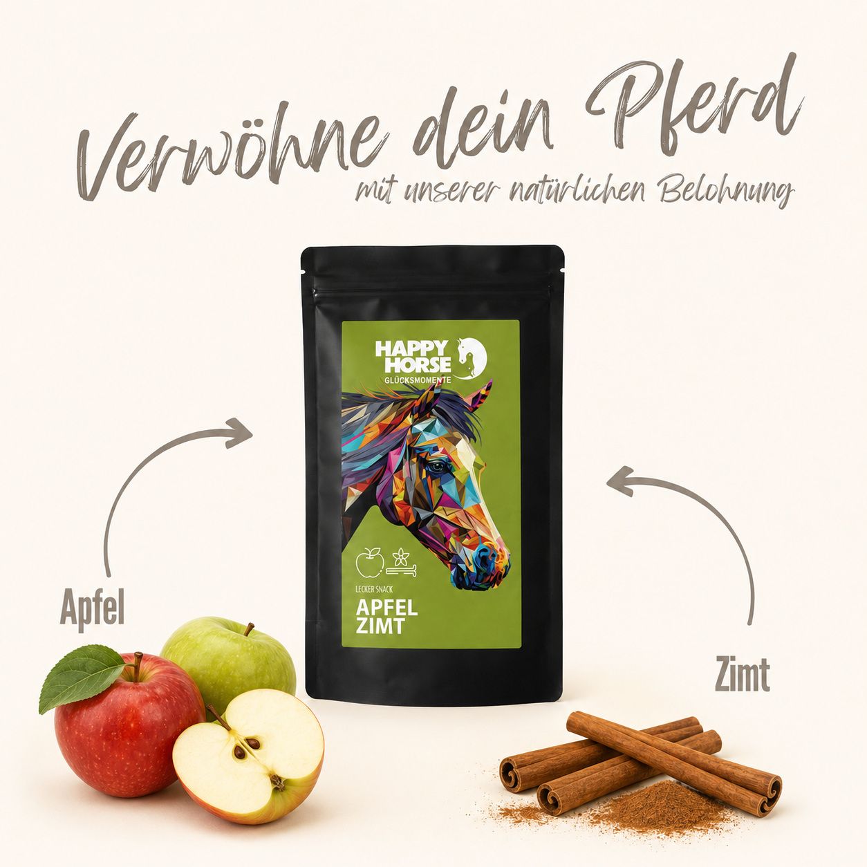 Happy Horse Lecker Snack Apfel Zimt: Verpackung mit Pferdekopf, daneben Äpfel und Zimtstangen. Natürliche Belohnung.