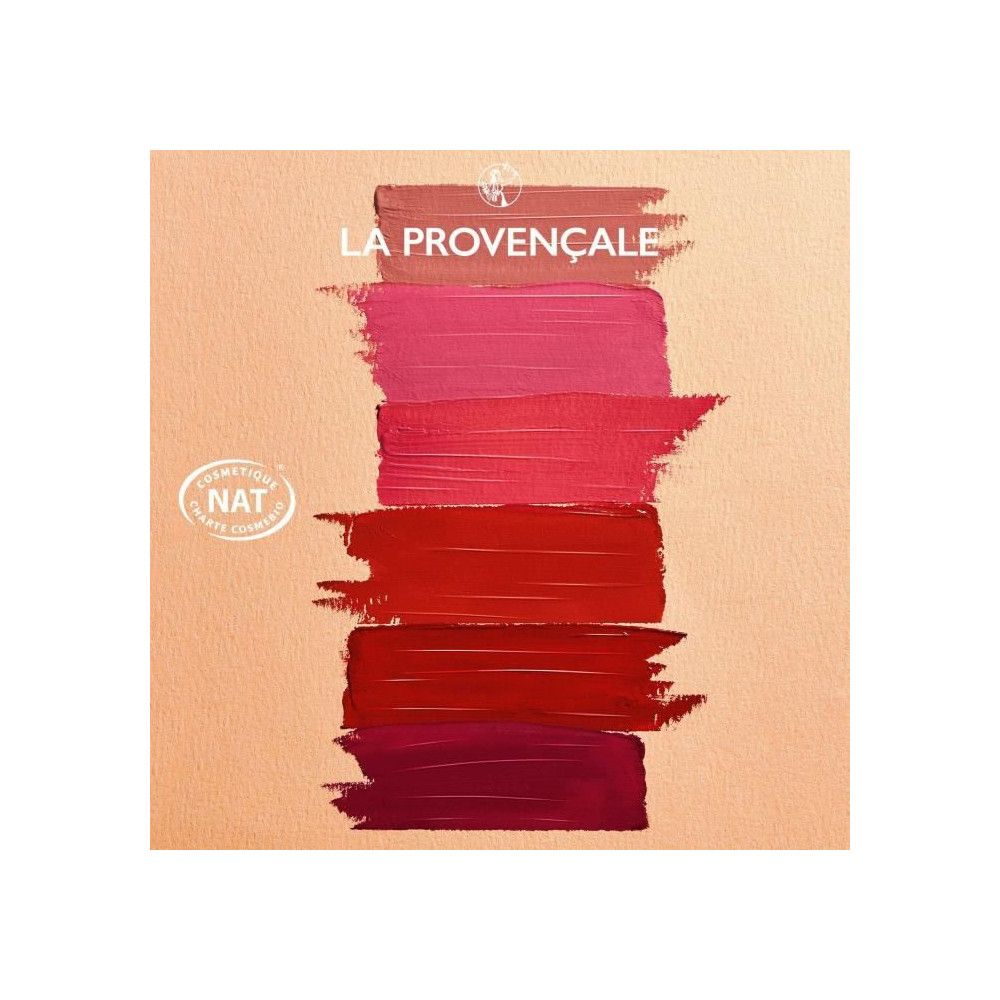 Farbpaletten mit Lippenstiftfarben. Verschiedene Rottöne. Marke: La Provençale. Zertifizierung: NAT.