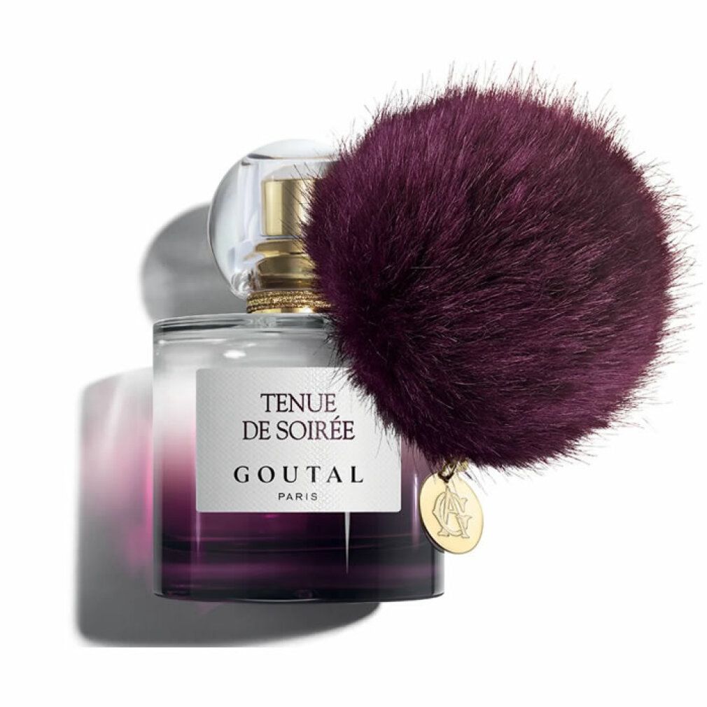 Parfümflakon mit lila Quaste. Aufschrift: Tenue de Soirée, Goutal Paris. Goldfarbener Verschluss.