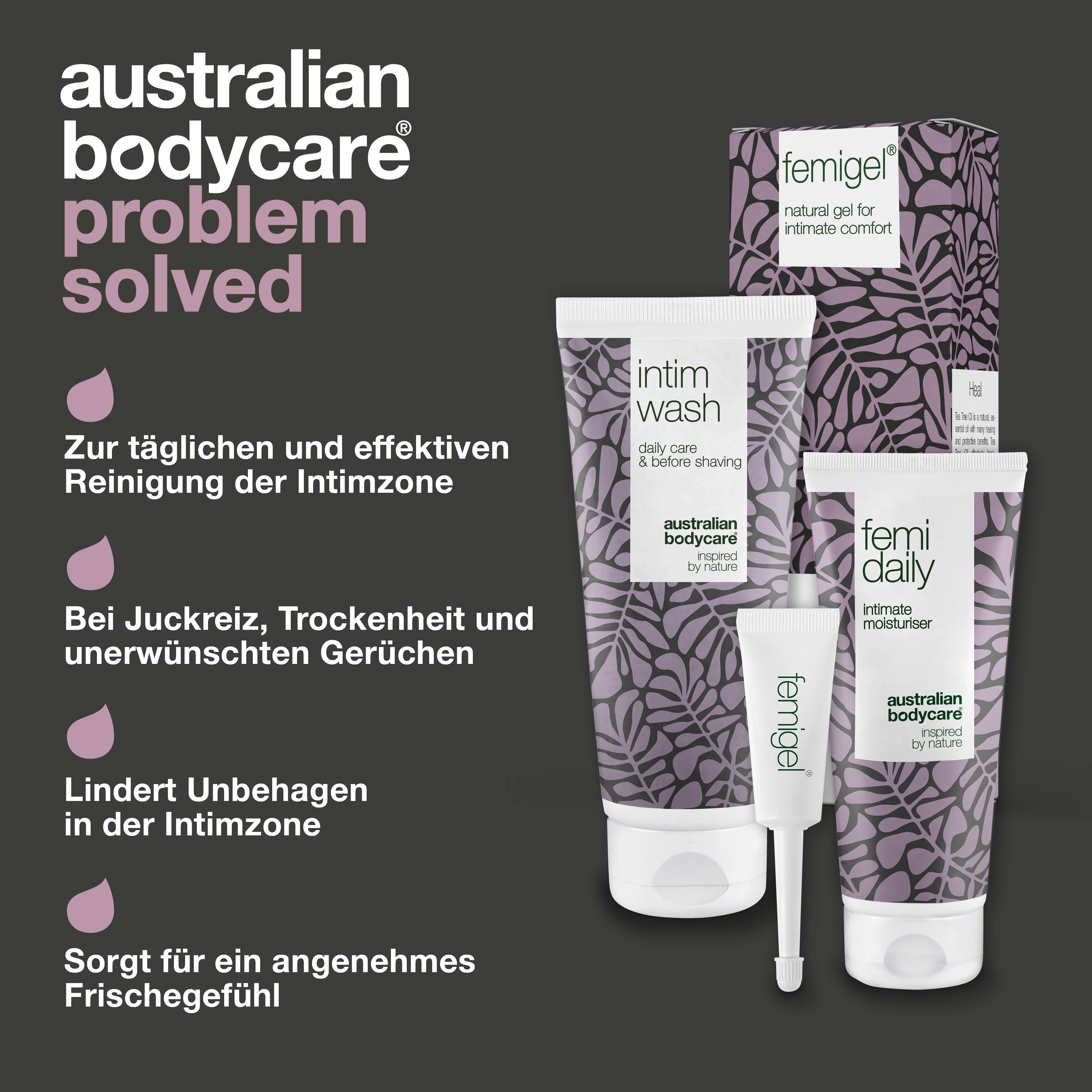 Infografik: Problem gelöst. Produkte: Intimwaschgel, Feuchtigkeitspflege und Intimgel. Marke: Australian Bodycare.