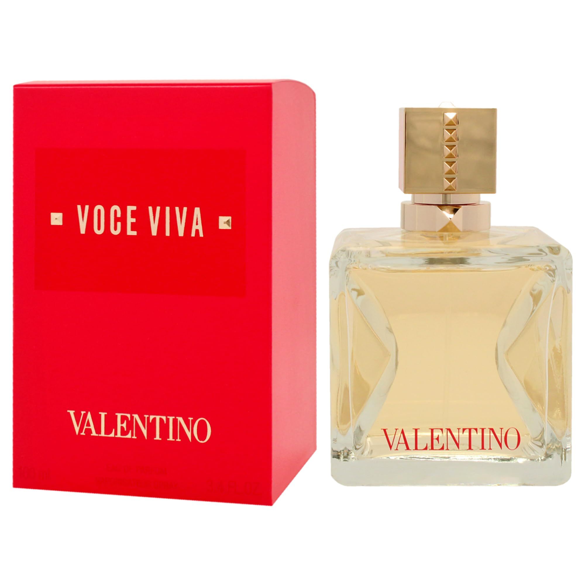 Rote Verpackung und Parfumflakon. Flakon mit goldfarbenem Verschluss. "VOICE VIVA" und "VALENTINO" Schriftzug.