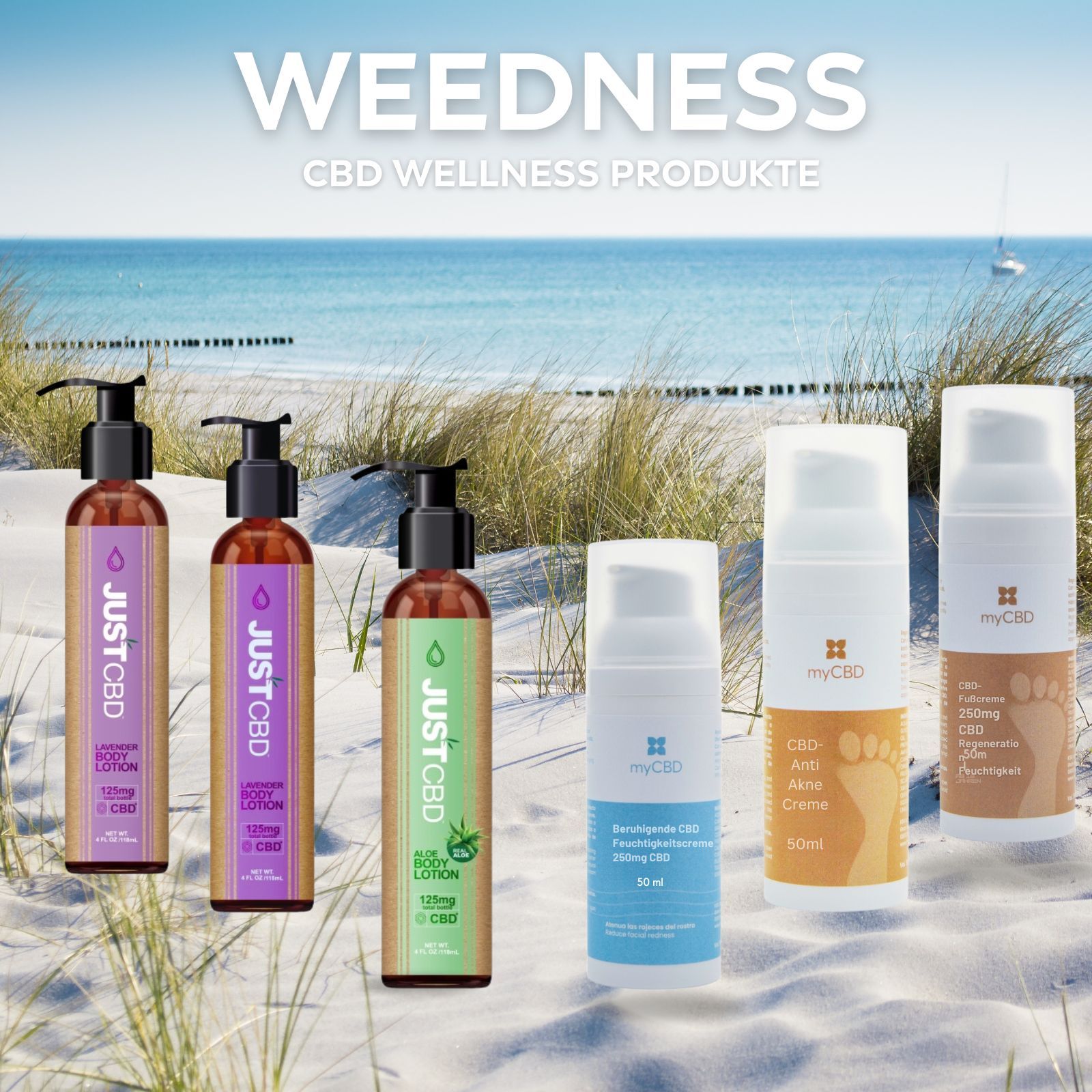 Mehrere Flaschen und Tuben auf Sand. JUSTCBD Flaschen, myCBD Cremes. Text: WEEDNESS, CBD Wellness Produkte.