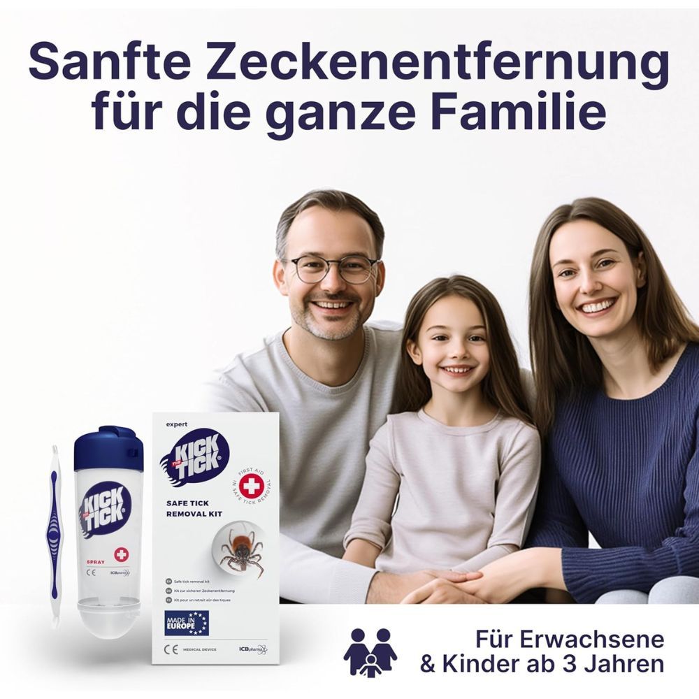 Familie mit Produkt. Zeckenentferner-Set, Zeckenzange und Spray. Text: Kick the Tick.