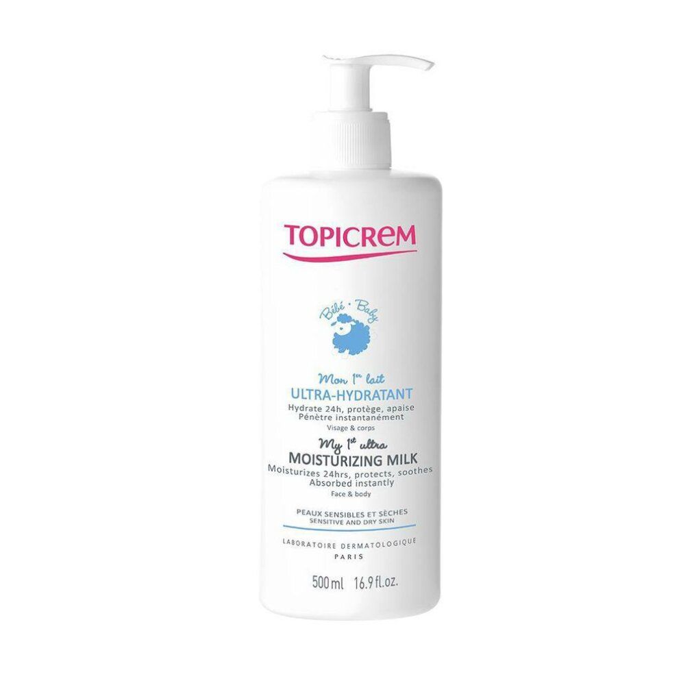 Weiße Flasche mit Pumpe. Roter Schriftzug TOPICREM. Blaue Schrift: Ultra-Hydratant. Text: Moisturizing Milk. 500ml.
