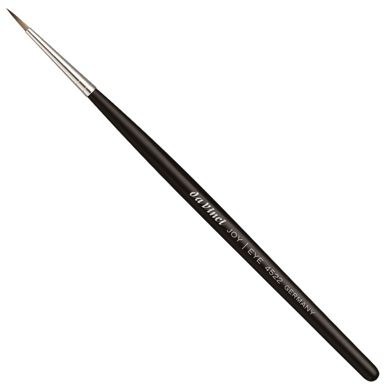 Eyeliner-Pinsel mit schwarzem Griff und silberner Spitze. Da Vinci Joy-Logo und Produktinformationen.