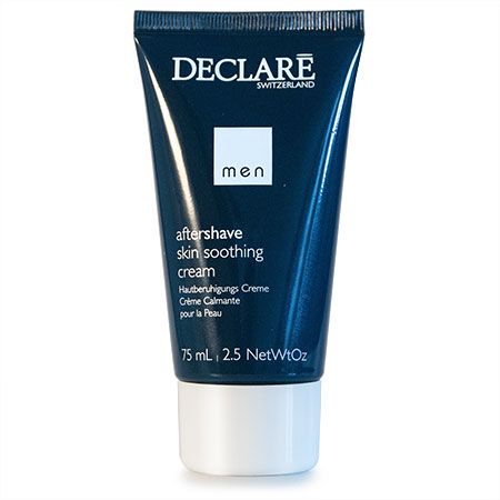 Blau-weiße Tube Declare Aftershave Skin Soothing Cream. Text: Aftershave, Hautberuhigungs Creme, Crème Calmante. 75 ml, 2.5 NetWtOz.