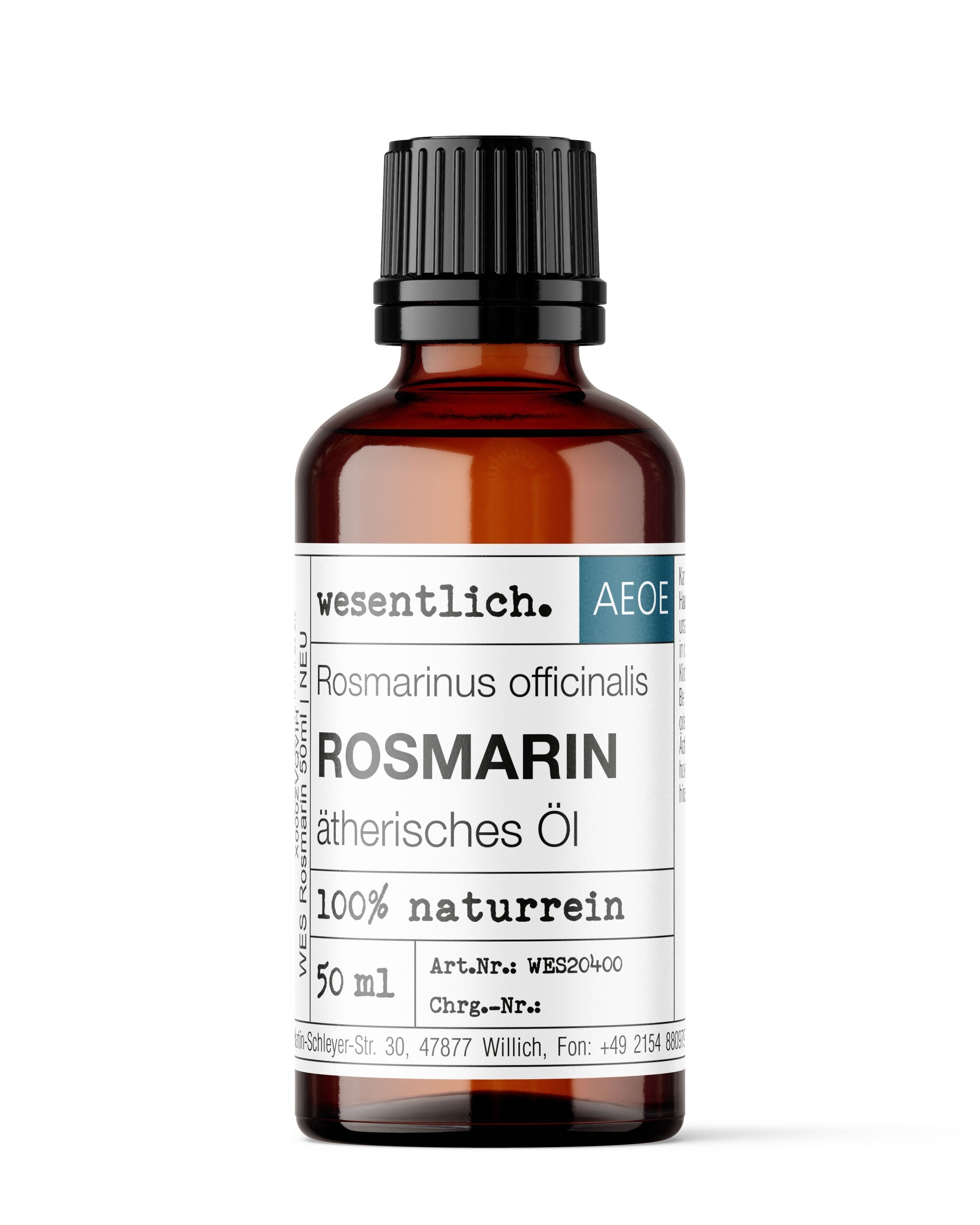 Braune Glasflasche mit schwarzem Deckel, Rosmarin ätherisches Öl, 50 ml.