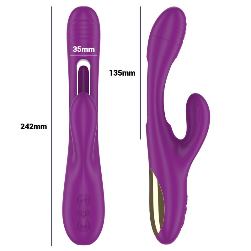 Lila Vibrator mit drei Fingern. Maße: 242mm lang, 135mm hoch, 35mm breit. Goldfarbener Akzent am unteren Ende.