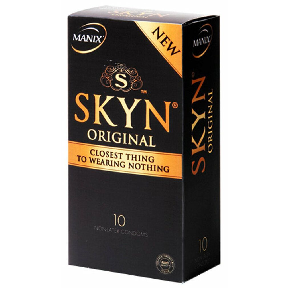 Schwarze Schachtel mit Kondomen. Aufschrift: SKYN, ORIGINAL, 10 Stück. Mit Logo und Text: World's Non-Latex Condom.
