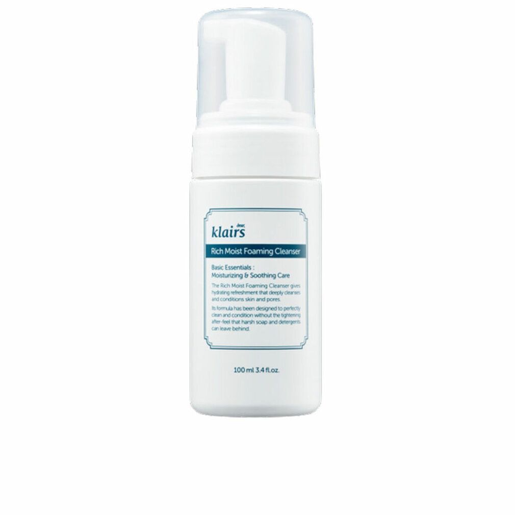 Weiße Schaumflasche mit Klairs-Logo und Text. Klare Kappe. Produktname: Rich Moist Foaming Cleanser. 100 ml.