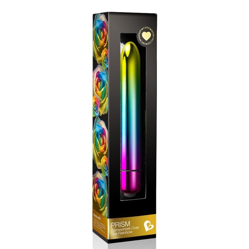 Schwarze Verpackung mit einem zylindrischen Vibrator in Regenbogenfarben. Aufschrift: PRISM.