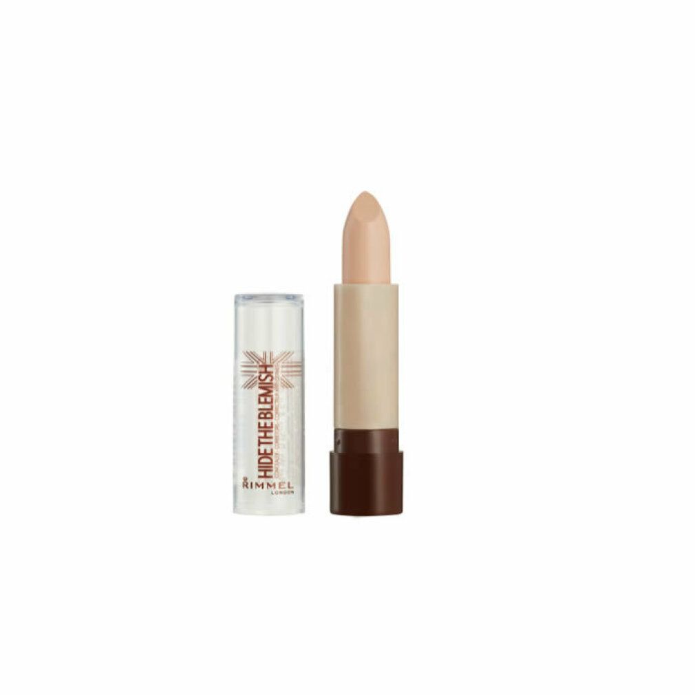 Concealer-Stift, geöffnet. Beige Farbe. Aufschrift: HIDE THE BLEMISH, RIMMEL LONDON.
