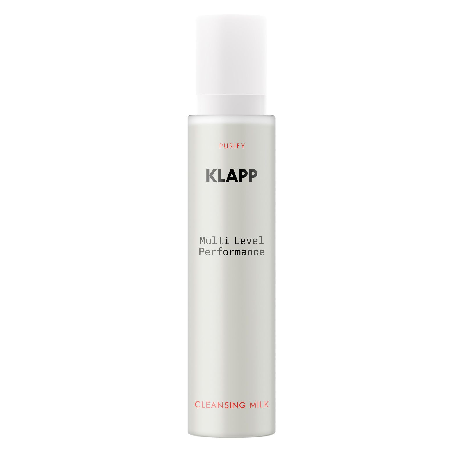 Klapp Multi Level Performance Cleansing Milk. Weiße Flasche mit weißem Deckel. Enthält Text: PURIFY, KLAPP, CLEANSING MILK.