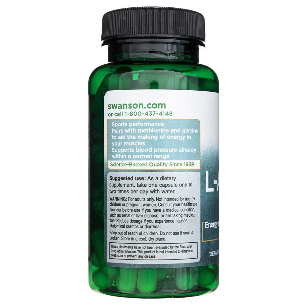 Grüne Flasche L-Arginin Kapseln, Rückseite mit Anwendungshinweisen und Produktinformationen.