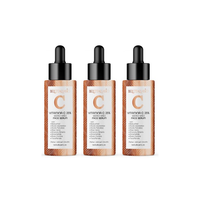 Drei Flaschen Gesichtsserum mit schwarzer Pipette. Aufschrift: Vitamin C 25%.